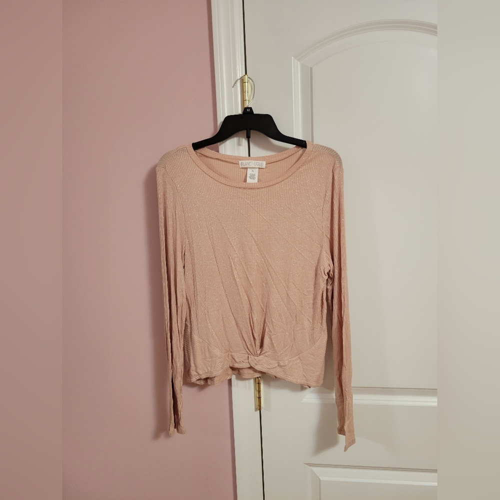 NWT Womens Planet Gold Blush Pink Ribbed Knot Front Long Sleeve Top- XL- Shimmer